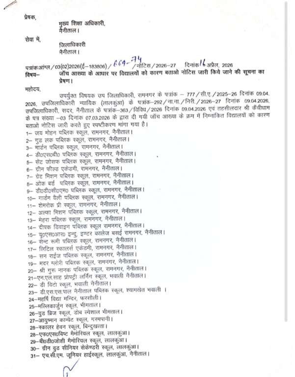 प्रशासन का बड़ा एक्शन: नैनीताल जिले में 34 स्कूलों से मांगा जवाब,नोटिस जारी
