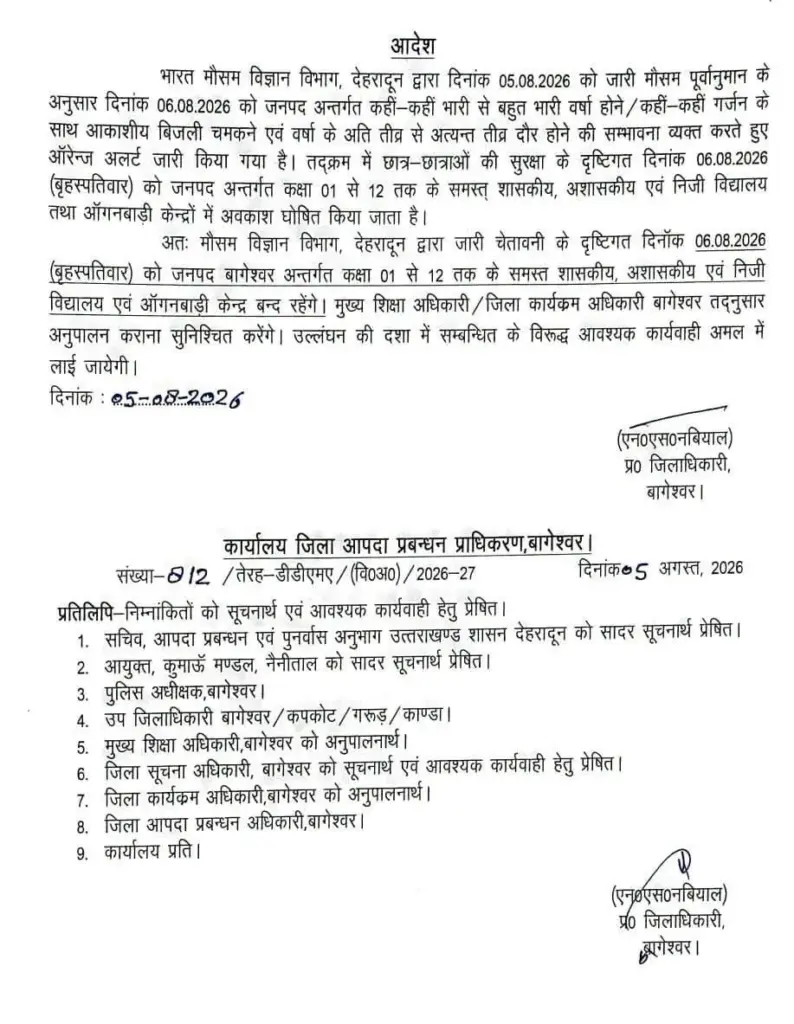 उत्तराखंड- कल भारी बारिश के चलते छुट्टी घोषित