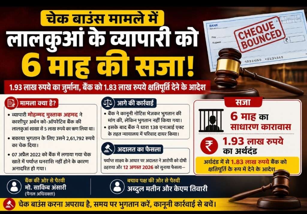 सोच समझ कर दें चेक: लालकुआं के व्यापारी को 6 माह की सजा, 1.93 लाख रुपये का जुर्माना, चेक हुआ था बाउंस
