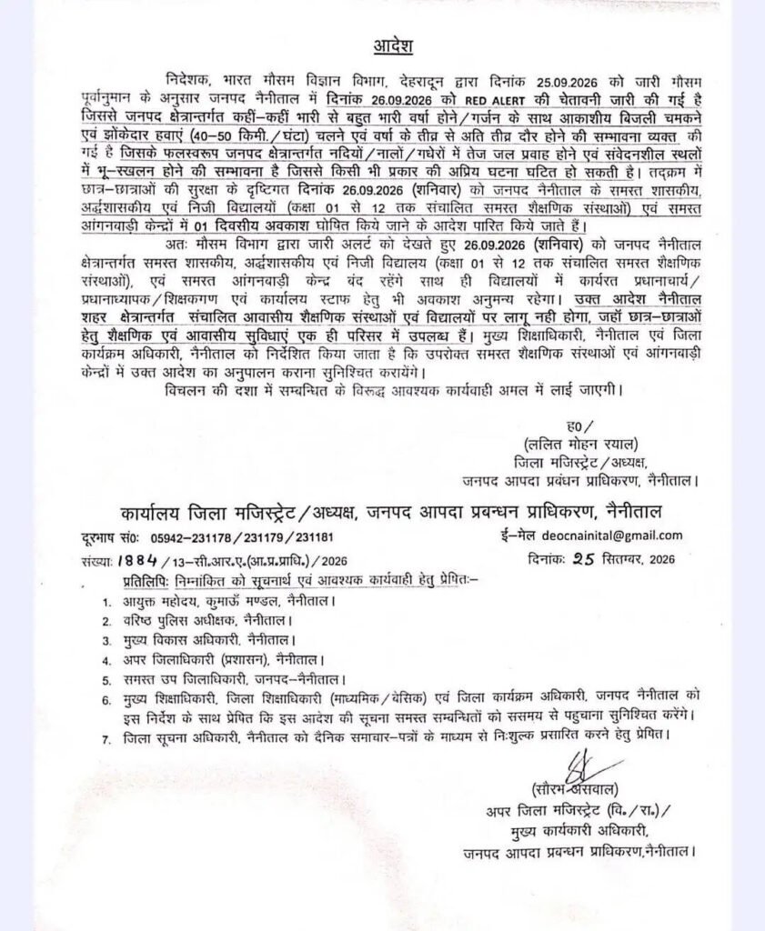 हल्द्वानी – नैनीताल में रेड अलर्ट, कल 26 सितंबर को स्कूल और आंगनबाड़ी केंद्र बंद, पढ़िए जिलाधिकारी का आदेश